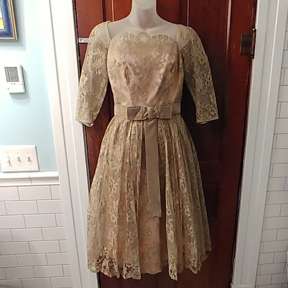 Vtg 50s Pab Pink & Beige Lace Prom Party Dress